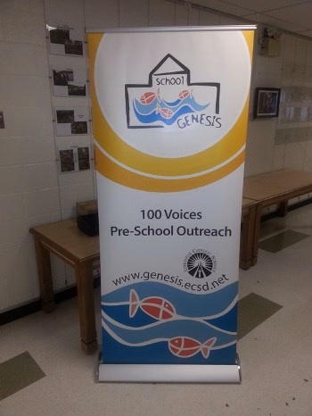 Retractable banner stand in Edmonton displayed at a business event